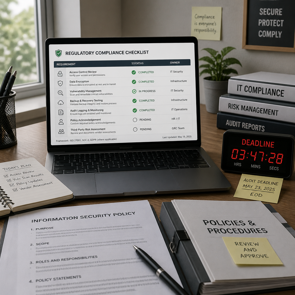 Skrivebordscene med computer og compliance-dokumenter, der symboliserer IT-complianceprocesser