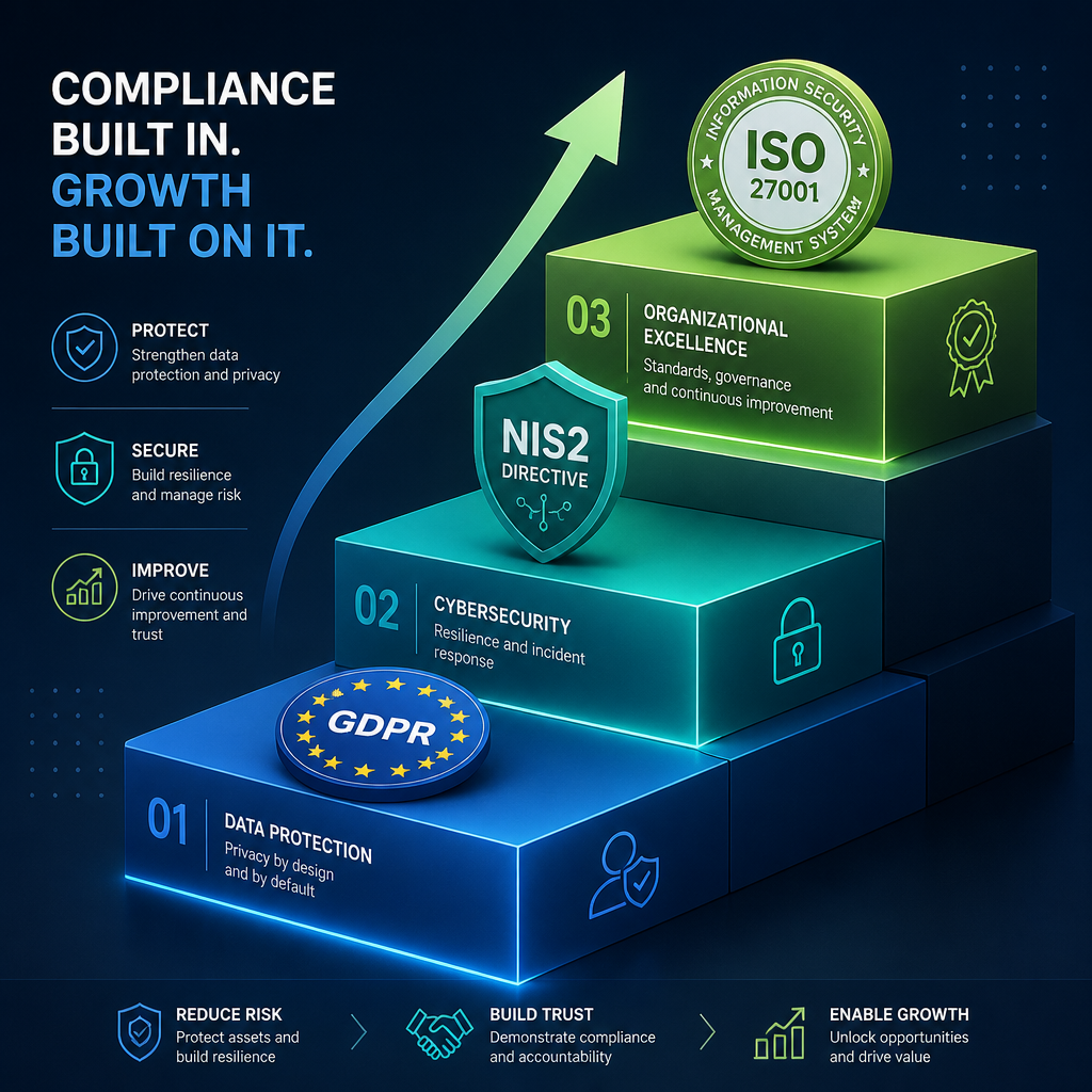 Grafisk fremstilling af compliance-trin med GDPR, NIS2 og ISO 27001 symboler, der viser regelværkshierarki