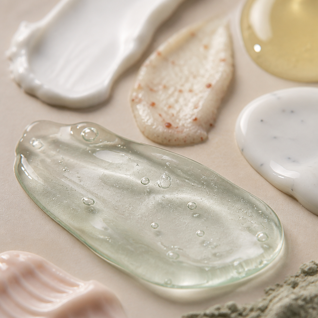 Close-up of skincare product textures and formulations on neutral background with warm lighting