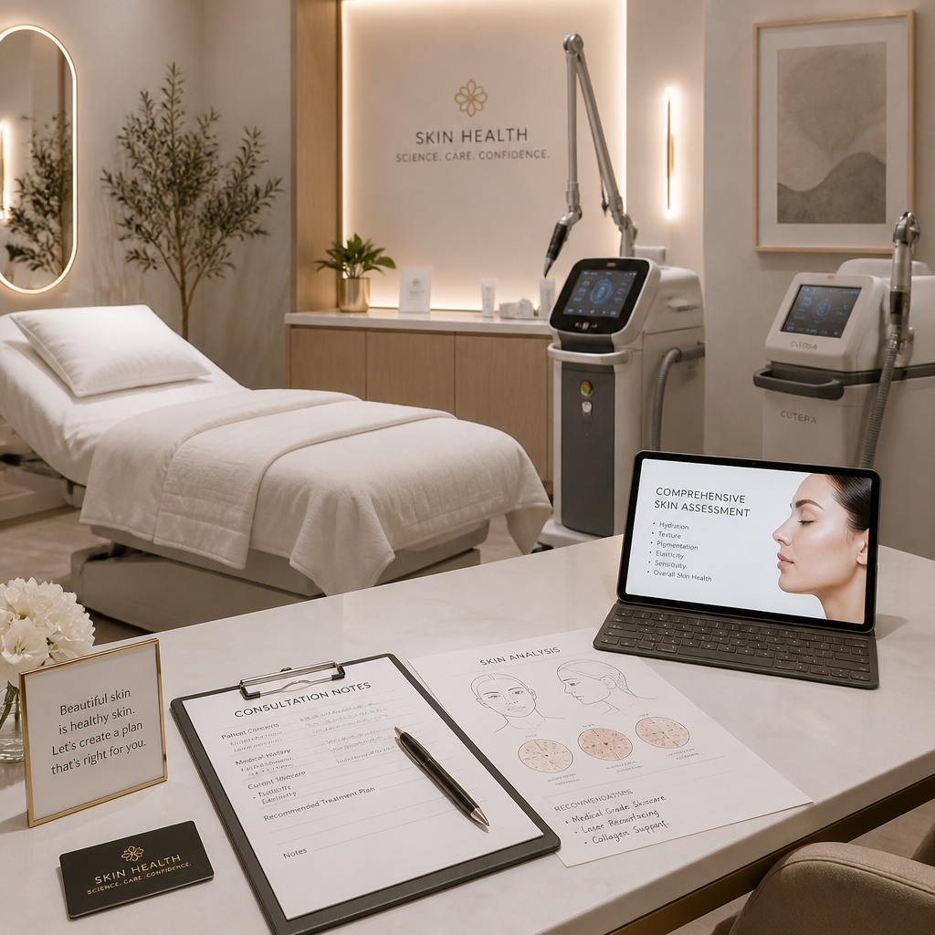 Modern medical laser treatment room with professional equipment and comfortable patient area