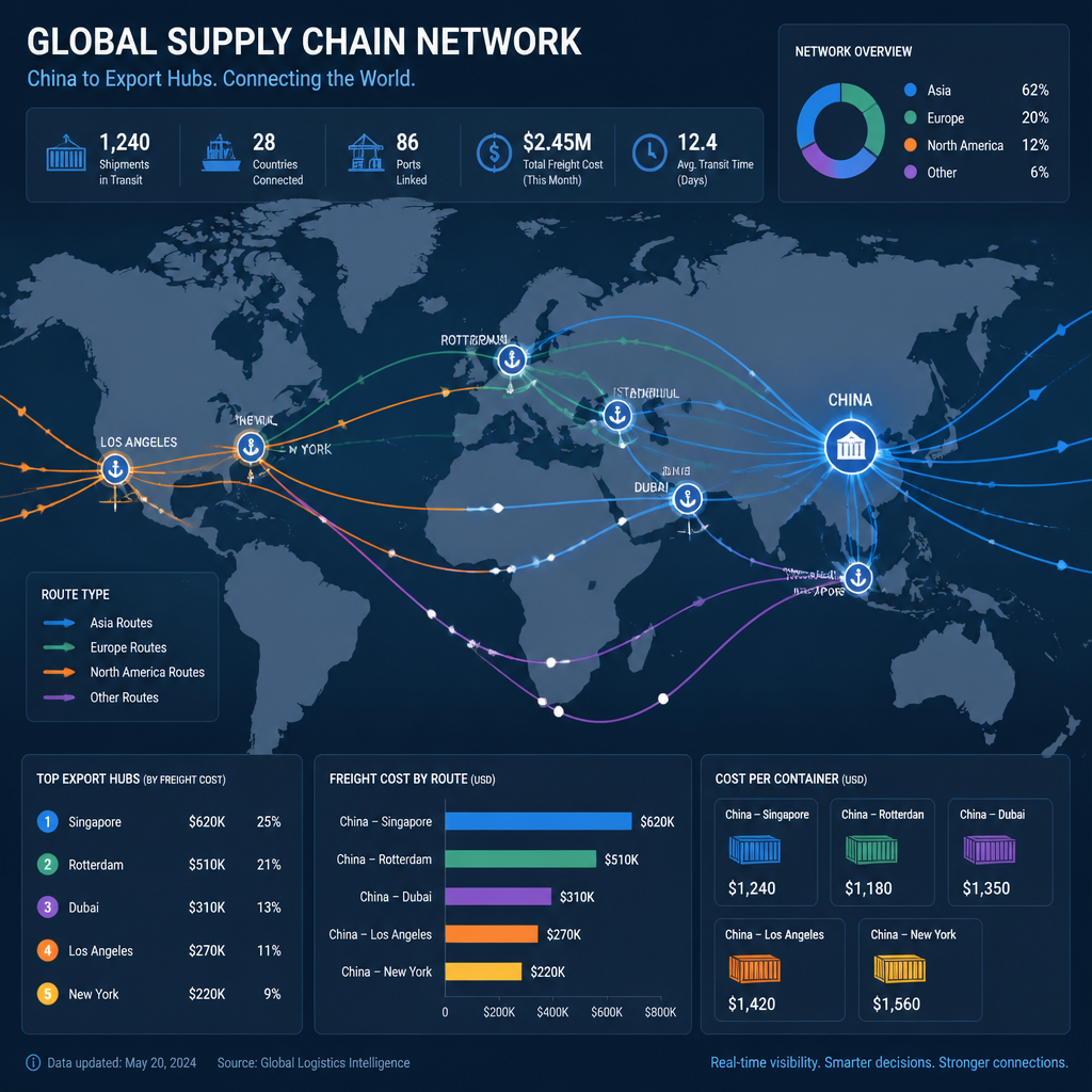 Global supply chain and shipping routes visualization with port and distribution network