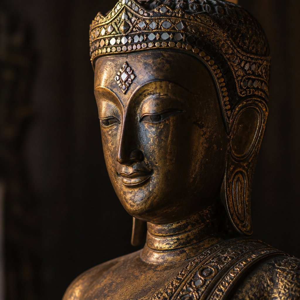 Nahaufnahme einer Buddha-Statue im Phra-Bang-Stil mit aufwendiger Metallverarbeitung und heiterem Ausdruck
