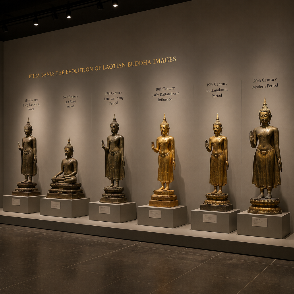Galerieausstellung laotischer Buddha-Statuen, die die stilistische Entwicklung zeigen