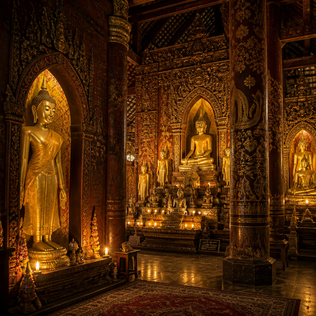 Innenraum des Luang Prabang-Tempels mit mehreren Buddha-Statuen in kunstvoller Umgebung