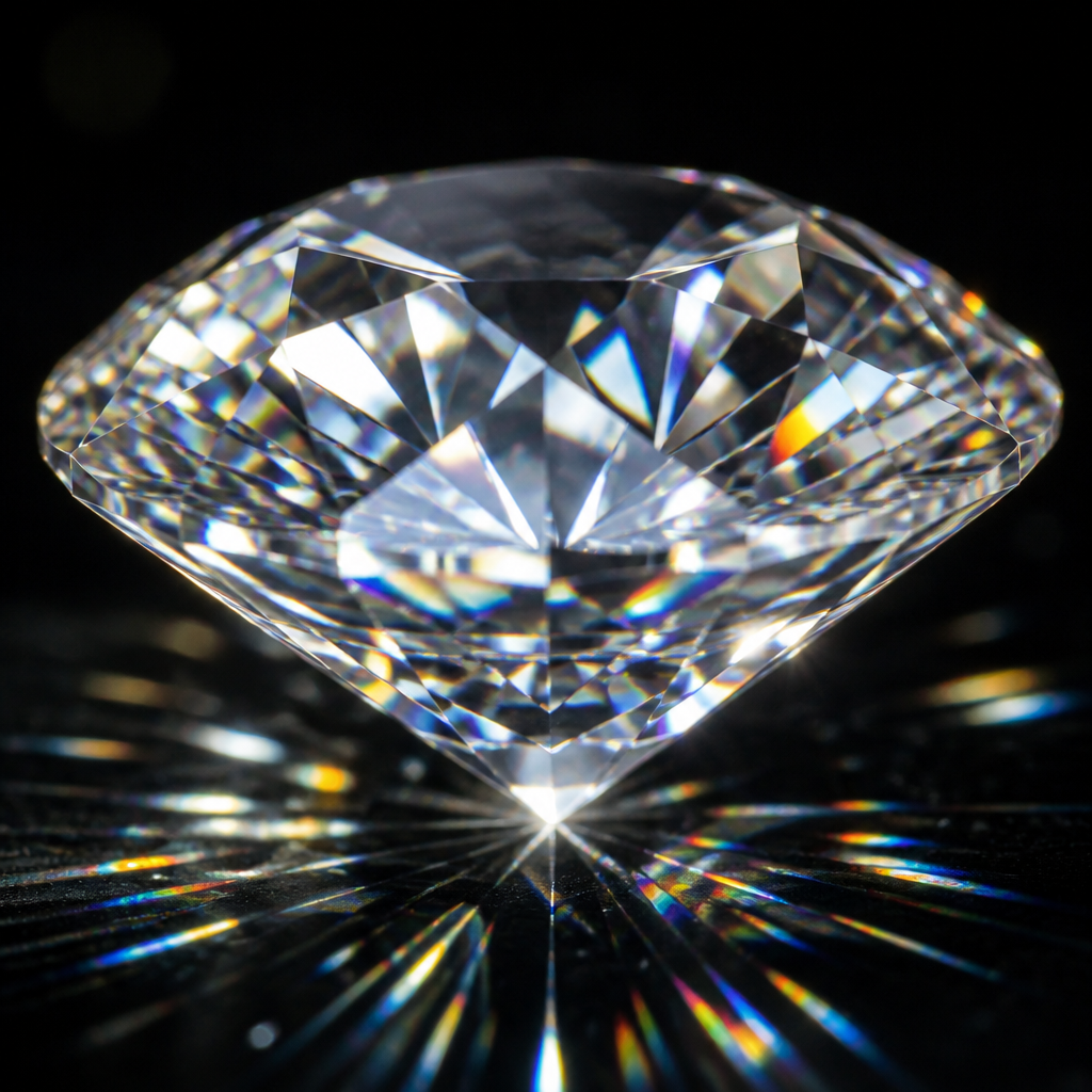 Close-up of a sparkling diamond with rainbow light refraction