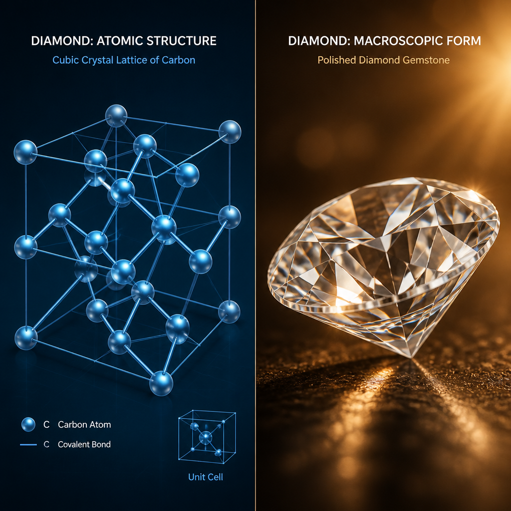 Molecular structure diagram beside a polished diamond gemstone