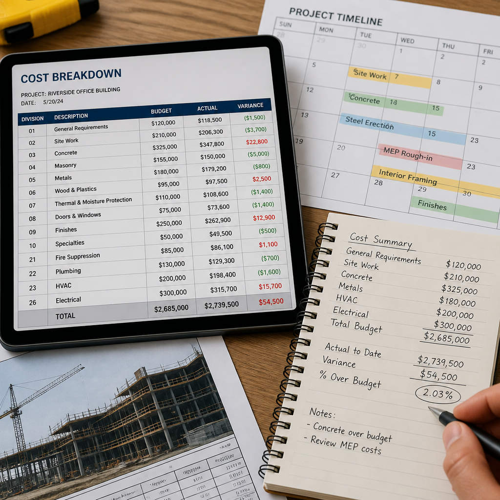 Budget spreadsheet and cost calculations for construction project planning