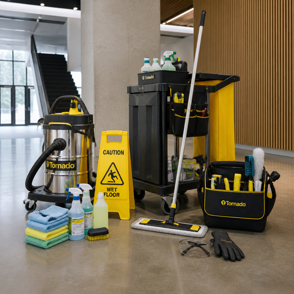 Professional builders cleaning equipment and supplies in modern space