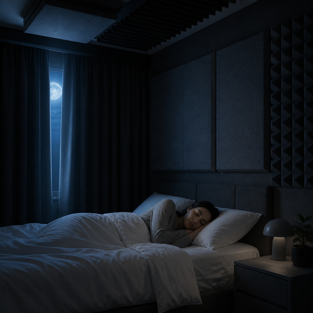 A peaceful bedroom designed for sleep with sound-dampening acoustic treatments