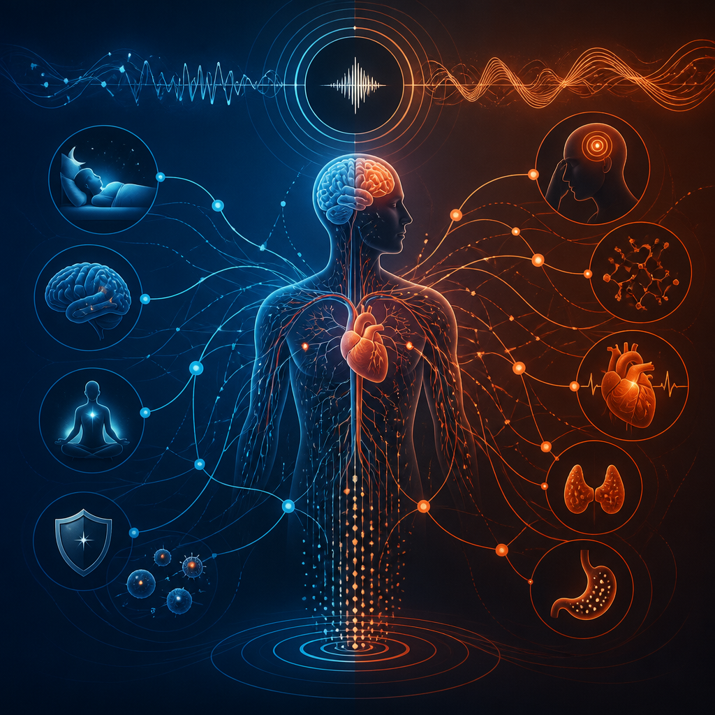 Abstract health impact visualization showing how noise pollution affects multiple body systems