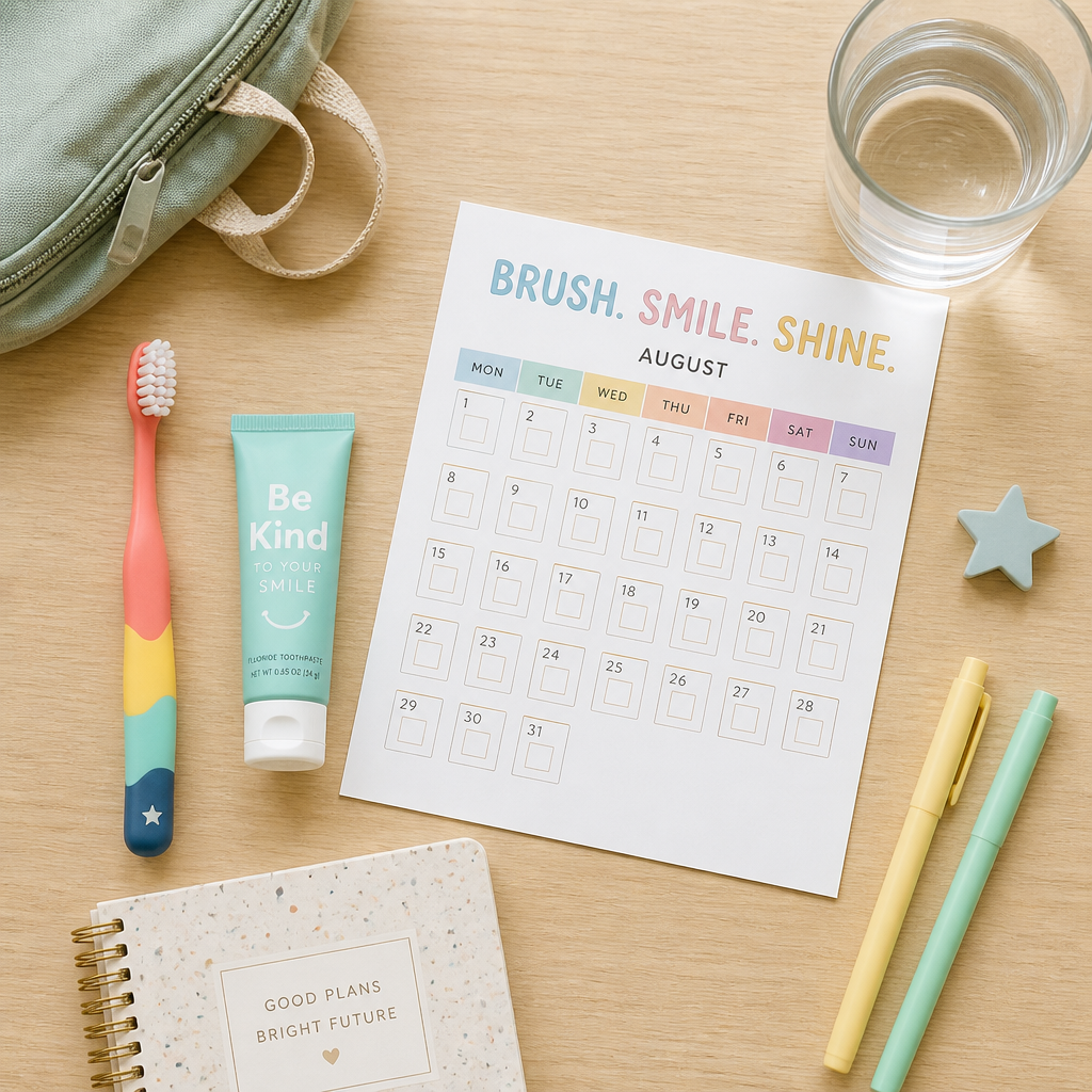 Back-to-school brushing routine setup with toothbrush, toothpaste, water glass, and calendar