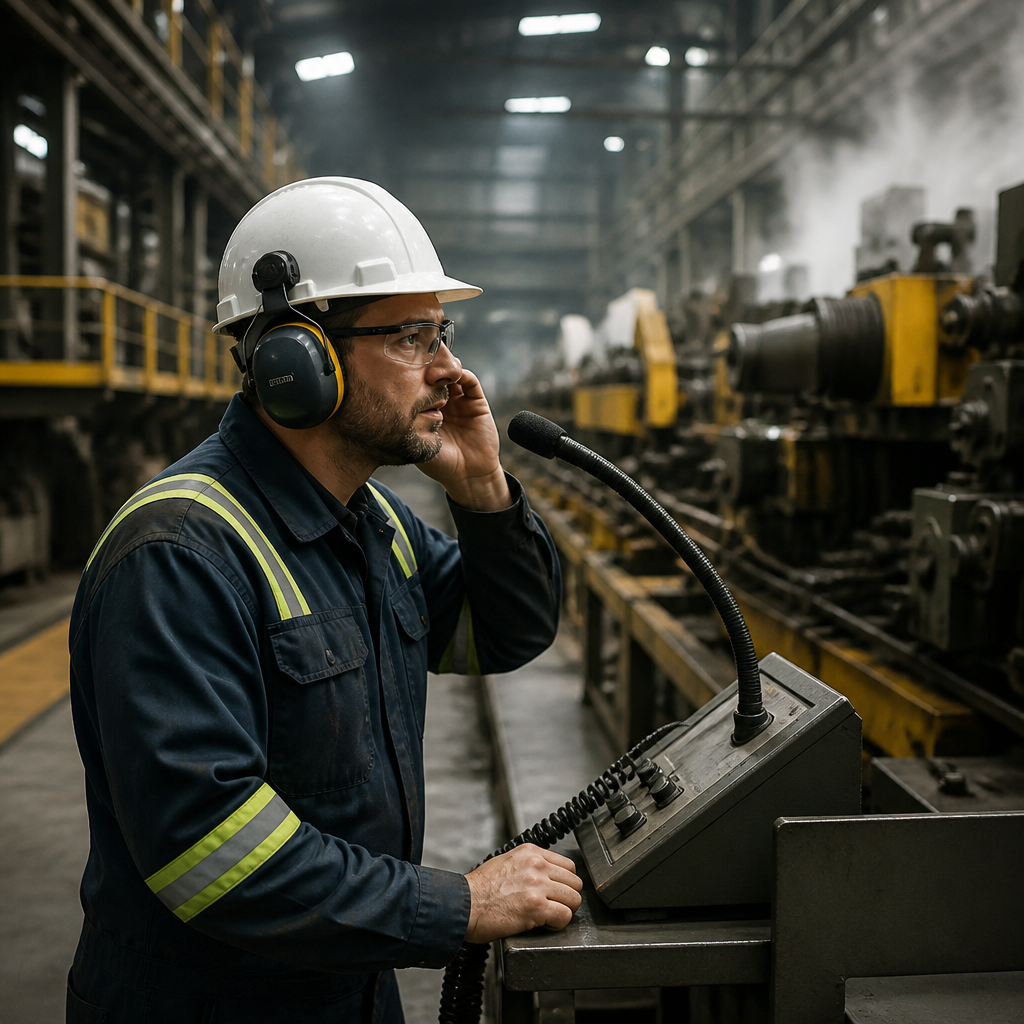 Factory worker struggling to communicate over loud machinery noise