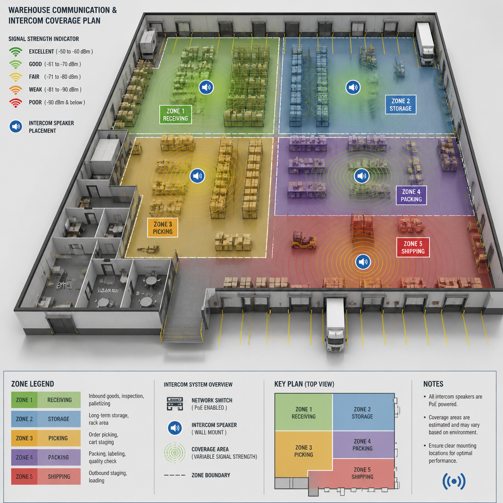 Warehouse floor plan showing intercom system zone coverage mapping