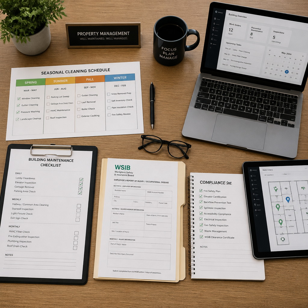 Property manager's organized workspace with maintenance schedules and compliance documents