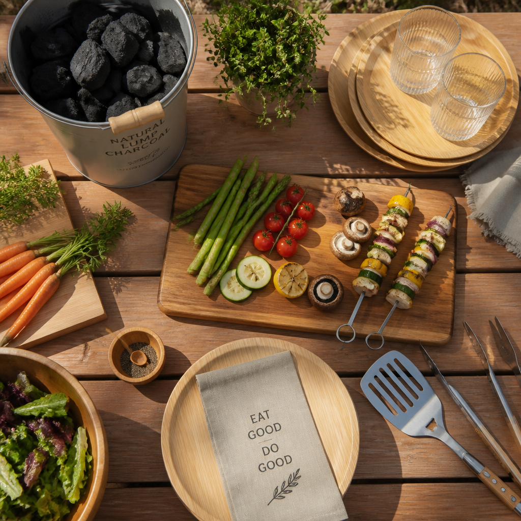 Overhead view of eco-friendly BBQ tableware and natural charcoal arranged on a picnic table