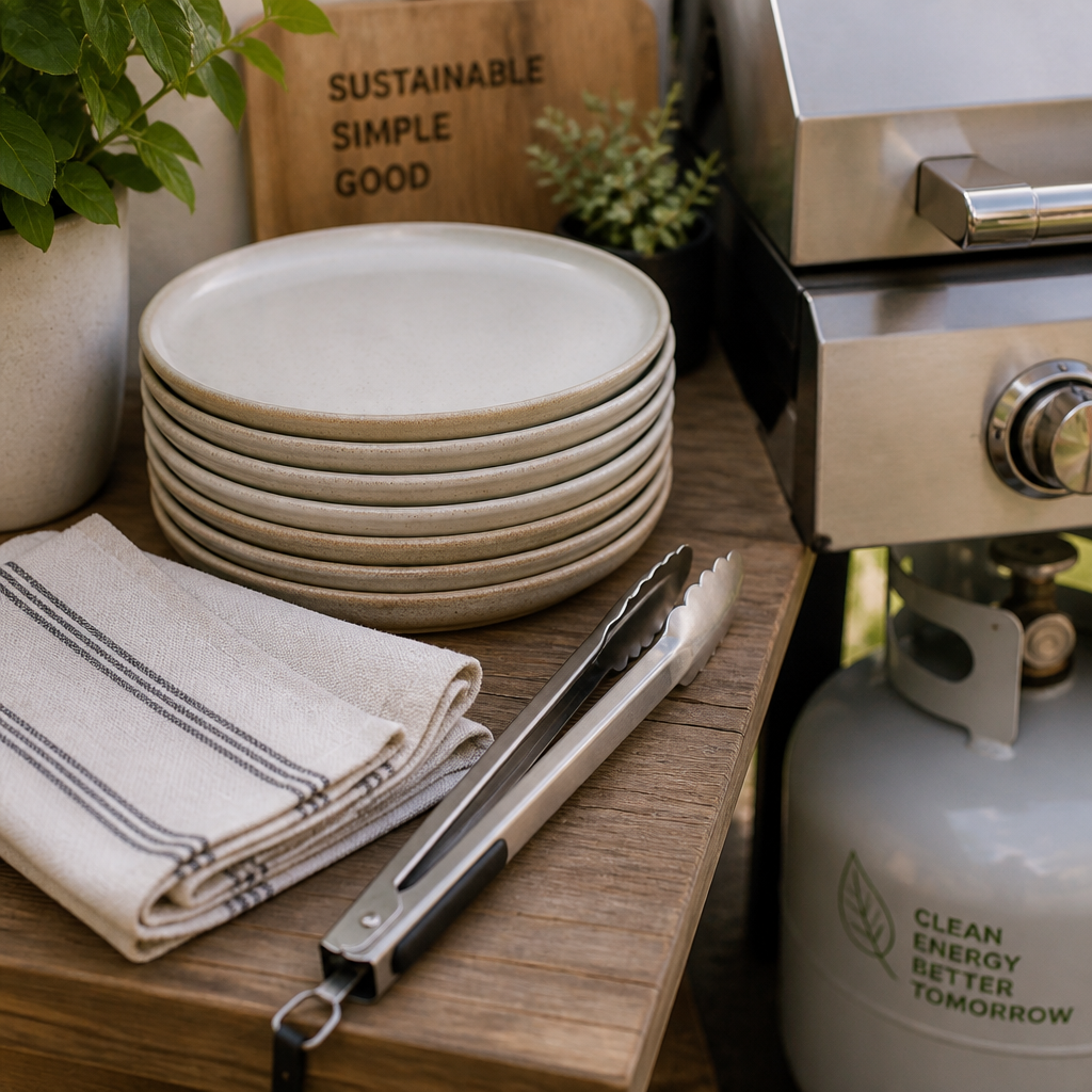 Detail of reusable tableware and sustainable grilling tools on a deck