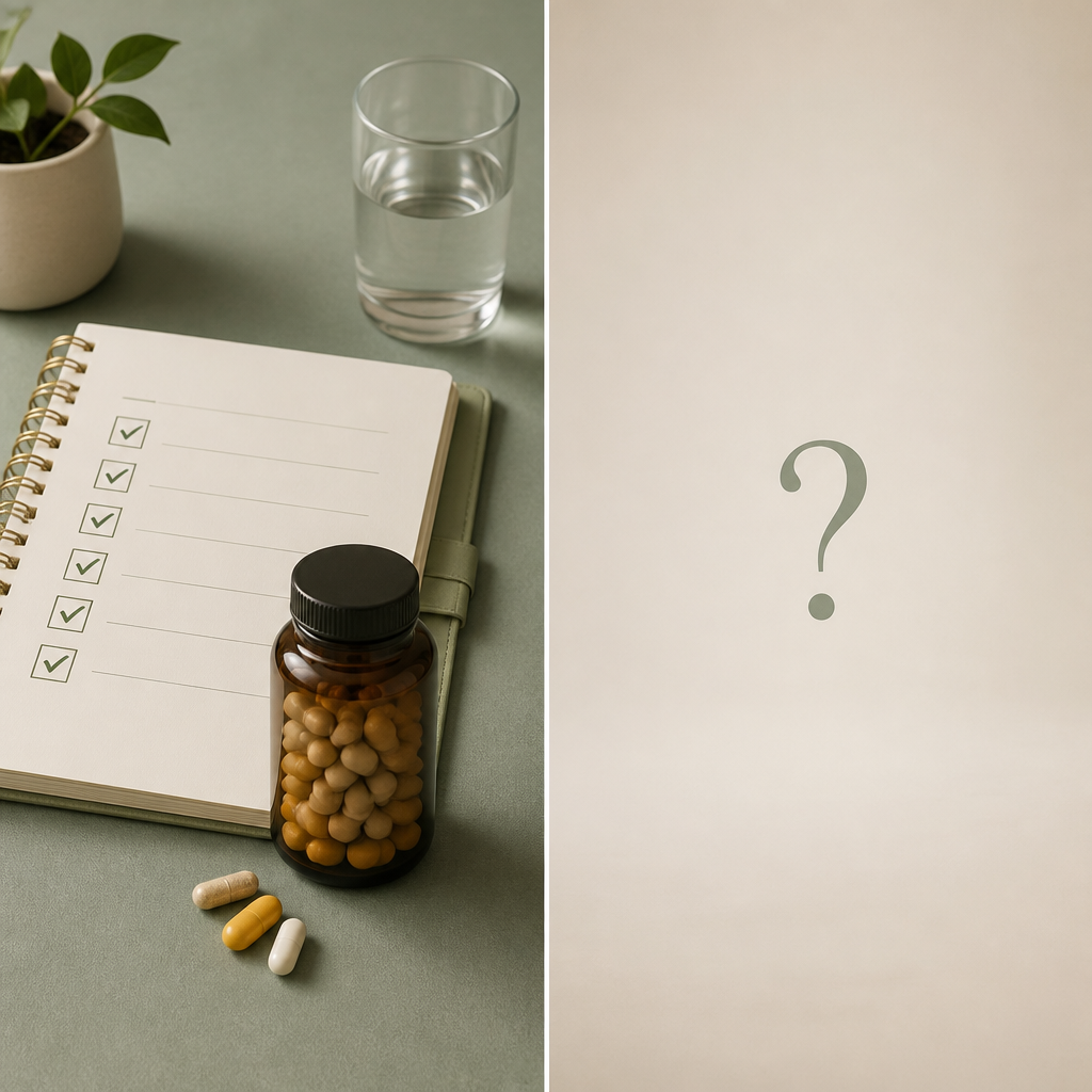 Split-screen illustration of a multivitamin routine being interrupted, showing completed days versus a missed dose