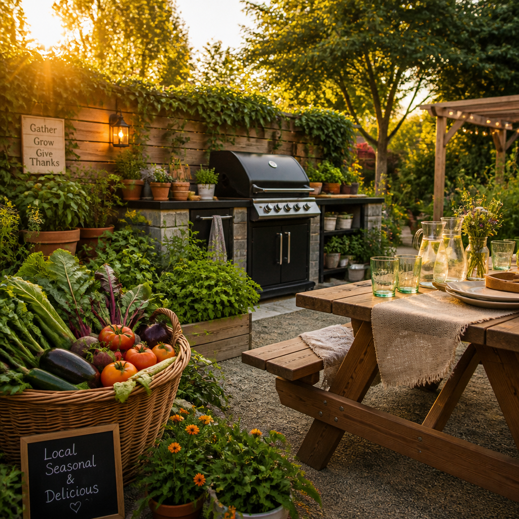 Backyard garden space with sustainable grill setup and local seasonal produce