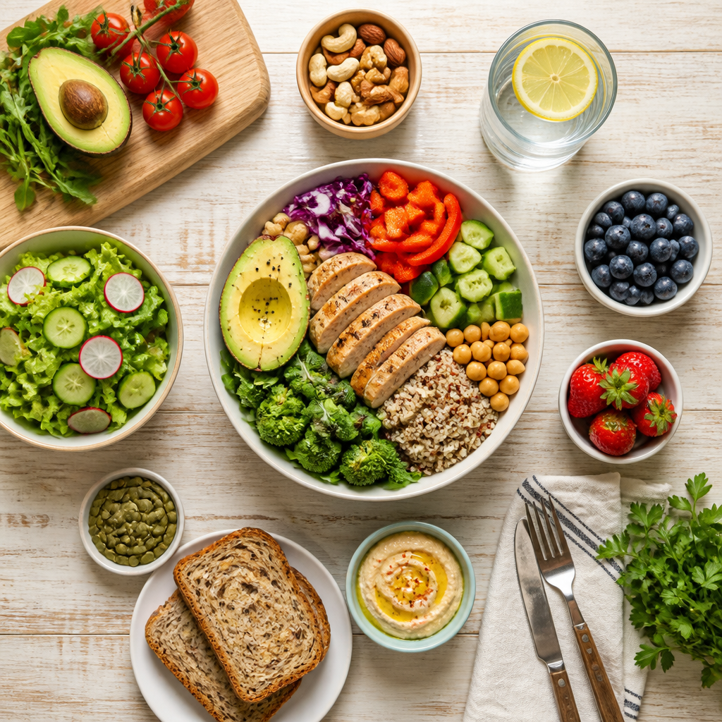 Overhead view of nutrient-rich whole foods as an alternative to supplement intake