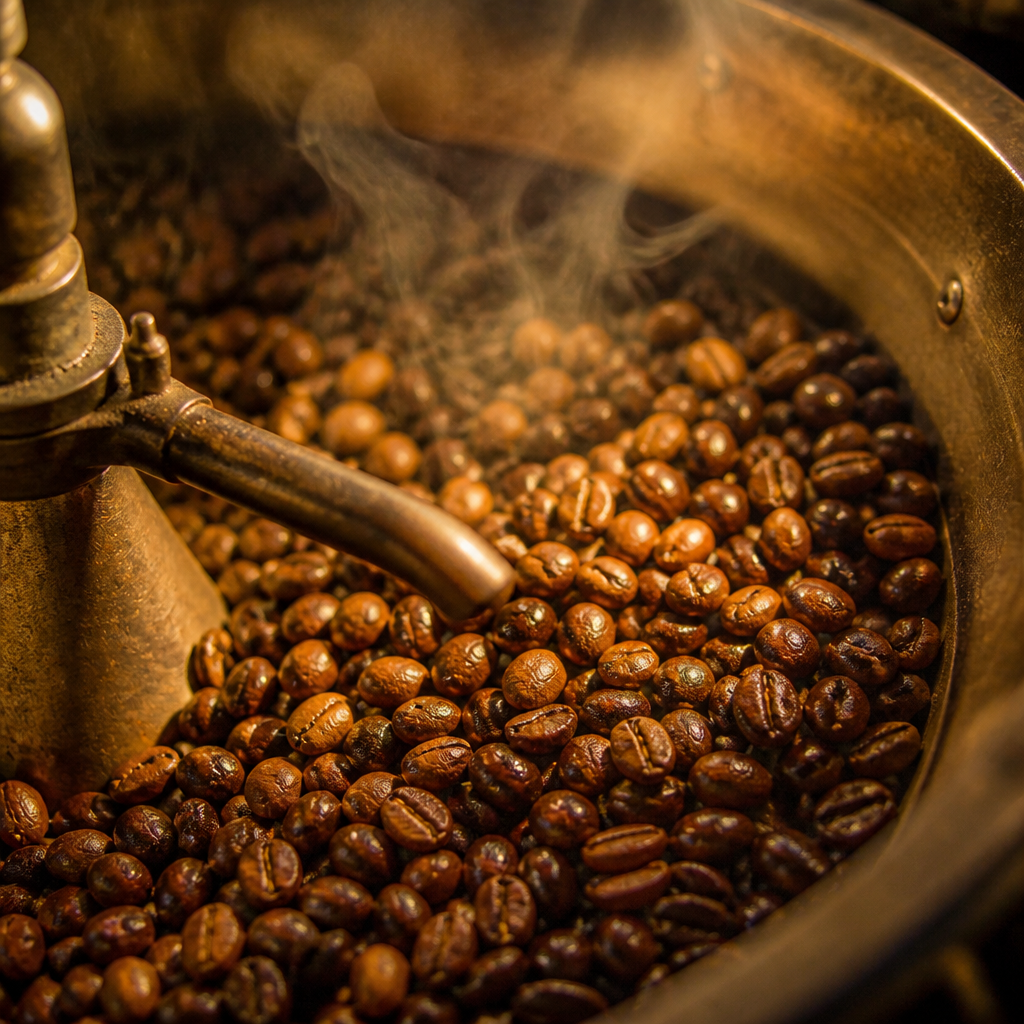 Freshly roasted coffee beans tumbling inside a small roasting drum with visible heat and steam