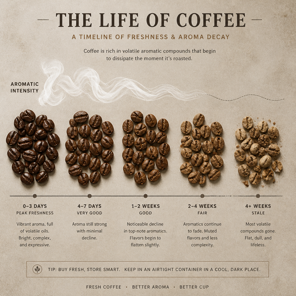 Visual comparison of coffee freshness over time, shown through bean color gradients and aromatic decay patterns