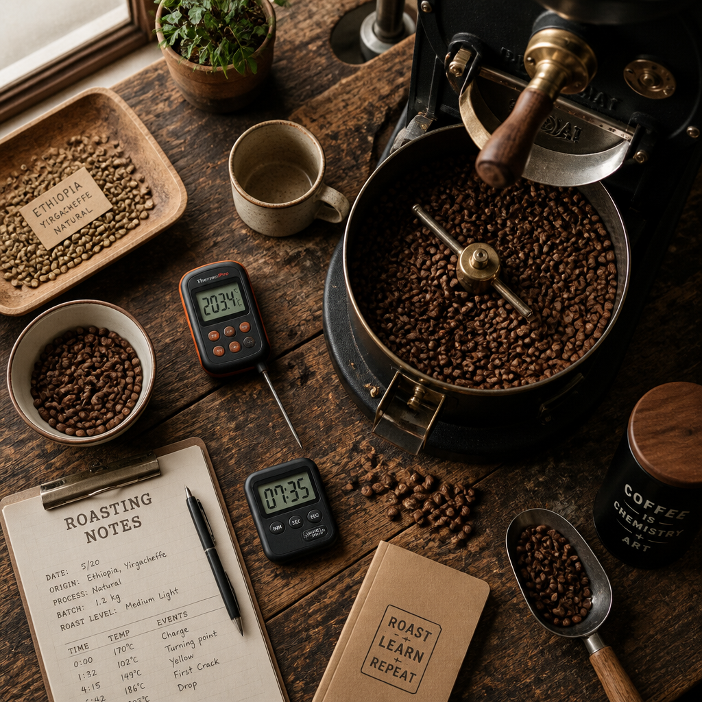 Artisan coffee roasting workspace showing traditional small-batch equipment and precise temperature monitoring tools