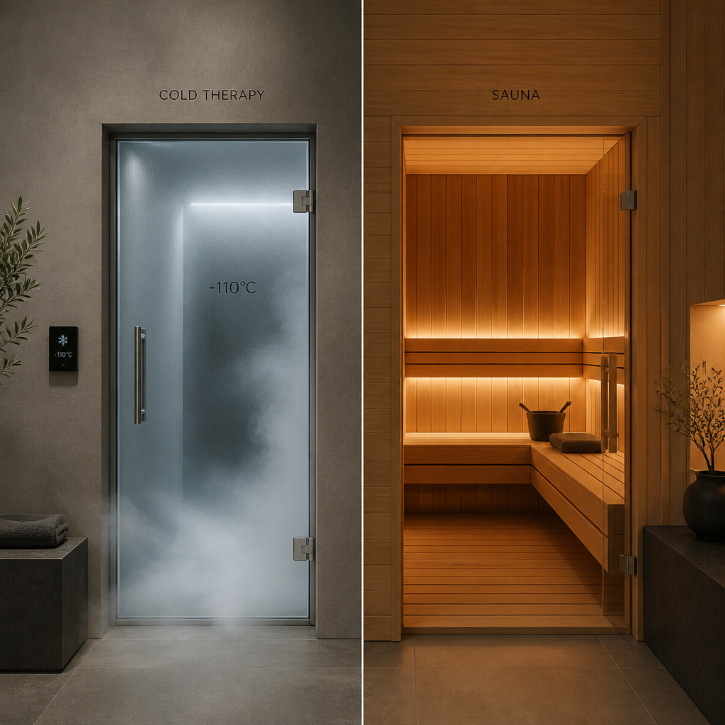 Câmara de contraste térmico dividida entre banho de gelo e sauna com design minimalista