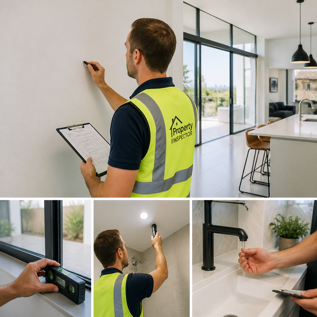 Property inspector examining new home construction for defects during handover inspection
