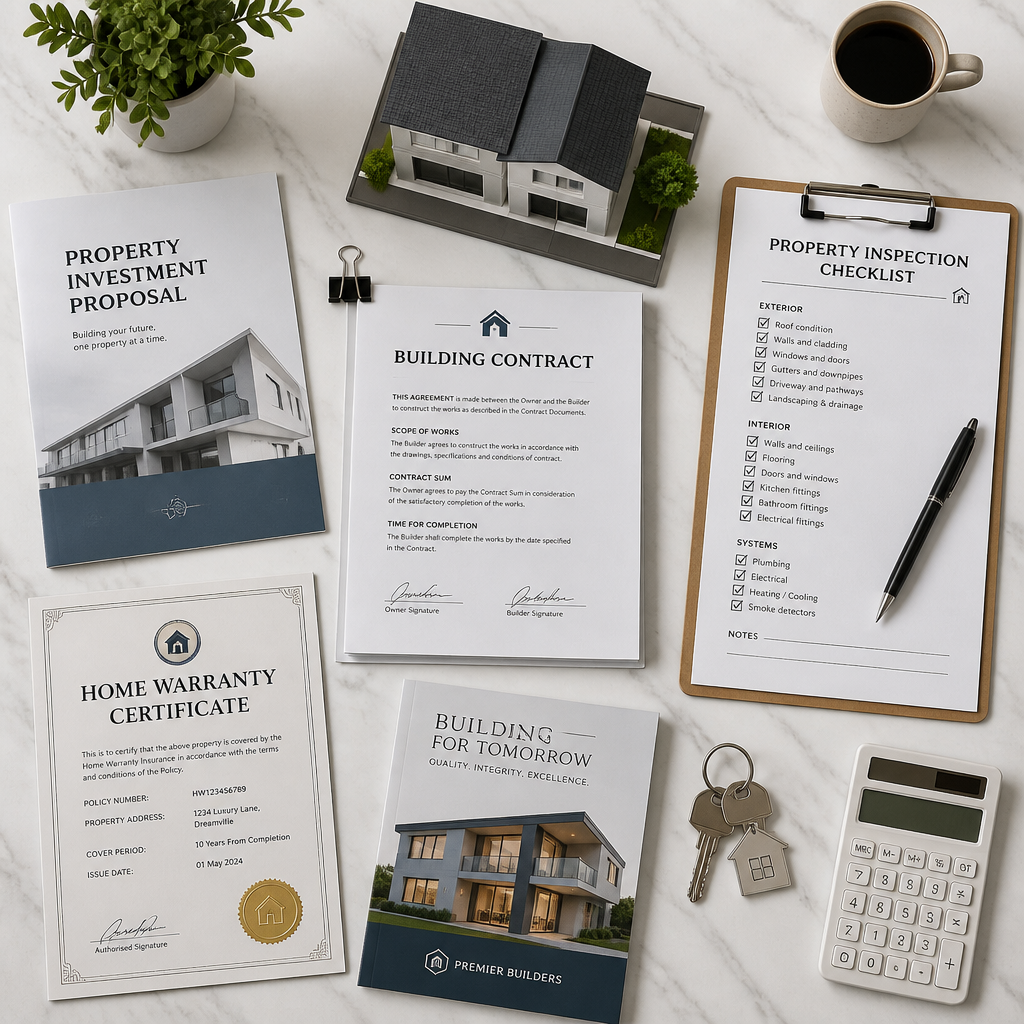 Real estate investment documents and inspection materials arranged on professional workspace