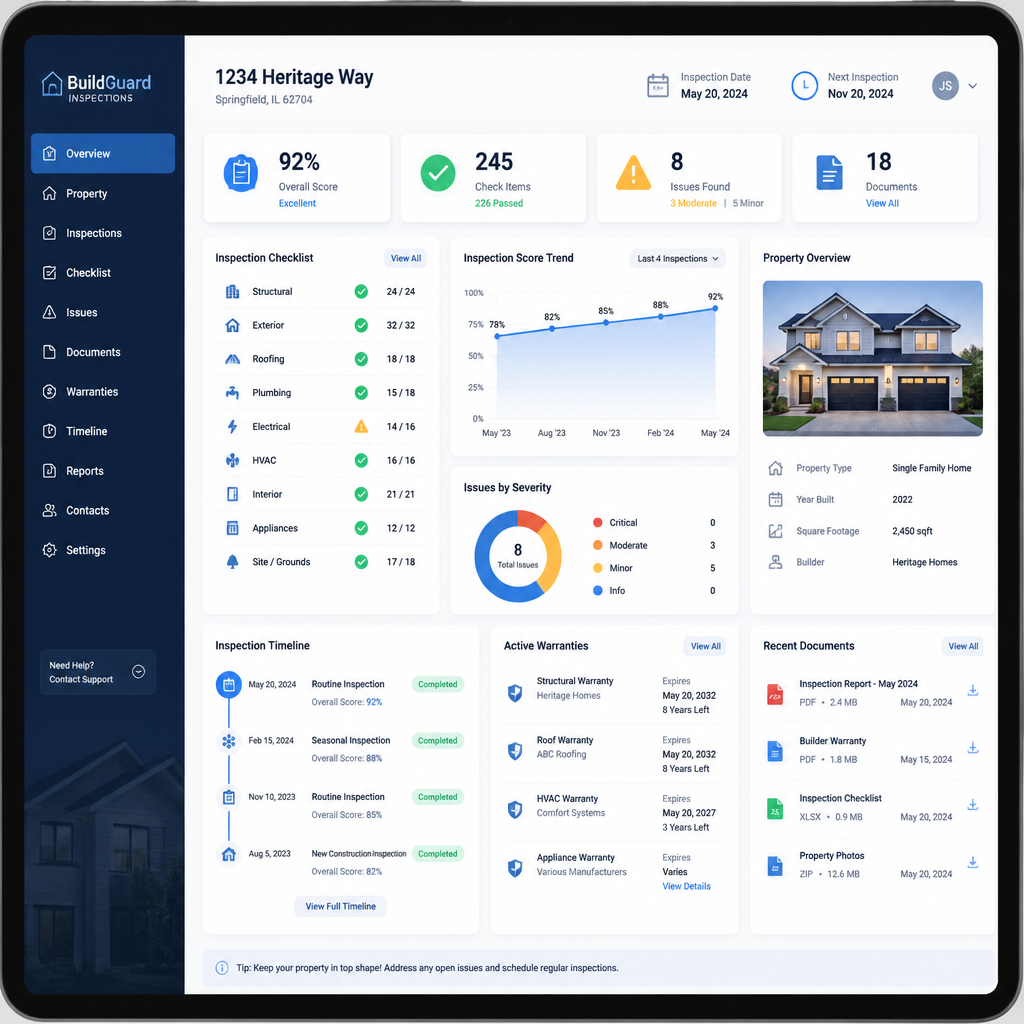 Digital property inspection checklist and warranty tracking system interface