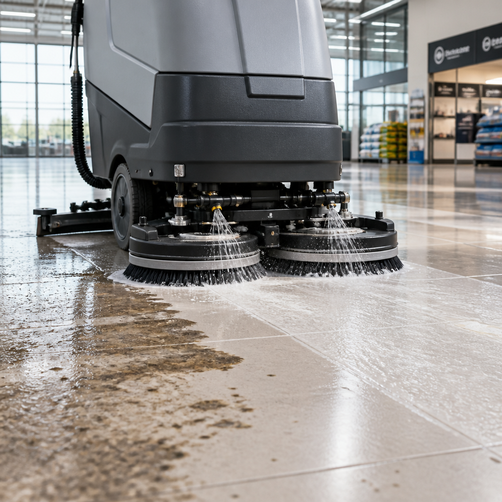 Professional floor scrubbing machine actively cleaning a commercial warehouse floor with rotating brushes and cleaning solution - Floor Scrubbing Machine vs. Mop in dandenong