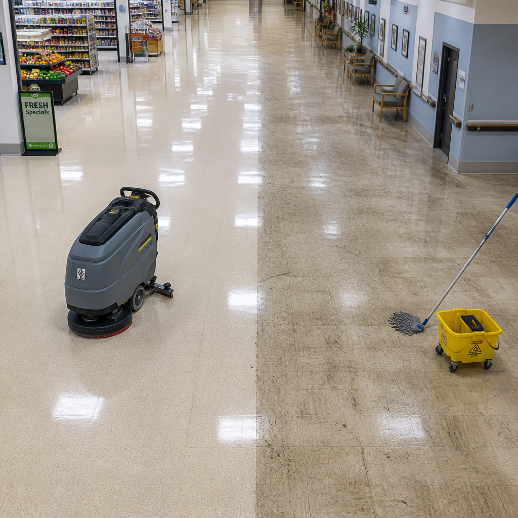 Split-view comparison of a commercial floor showing freshly machine-scrubbed section versus manually mopped section with visible contrast in cleanliness - Floor Scrubbing Machine vs. Mop in dandenong
