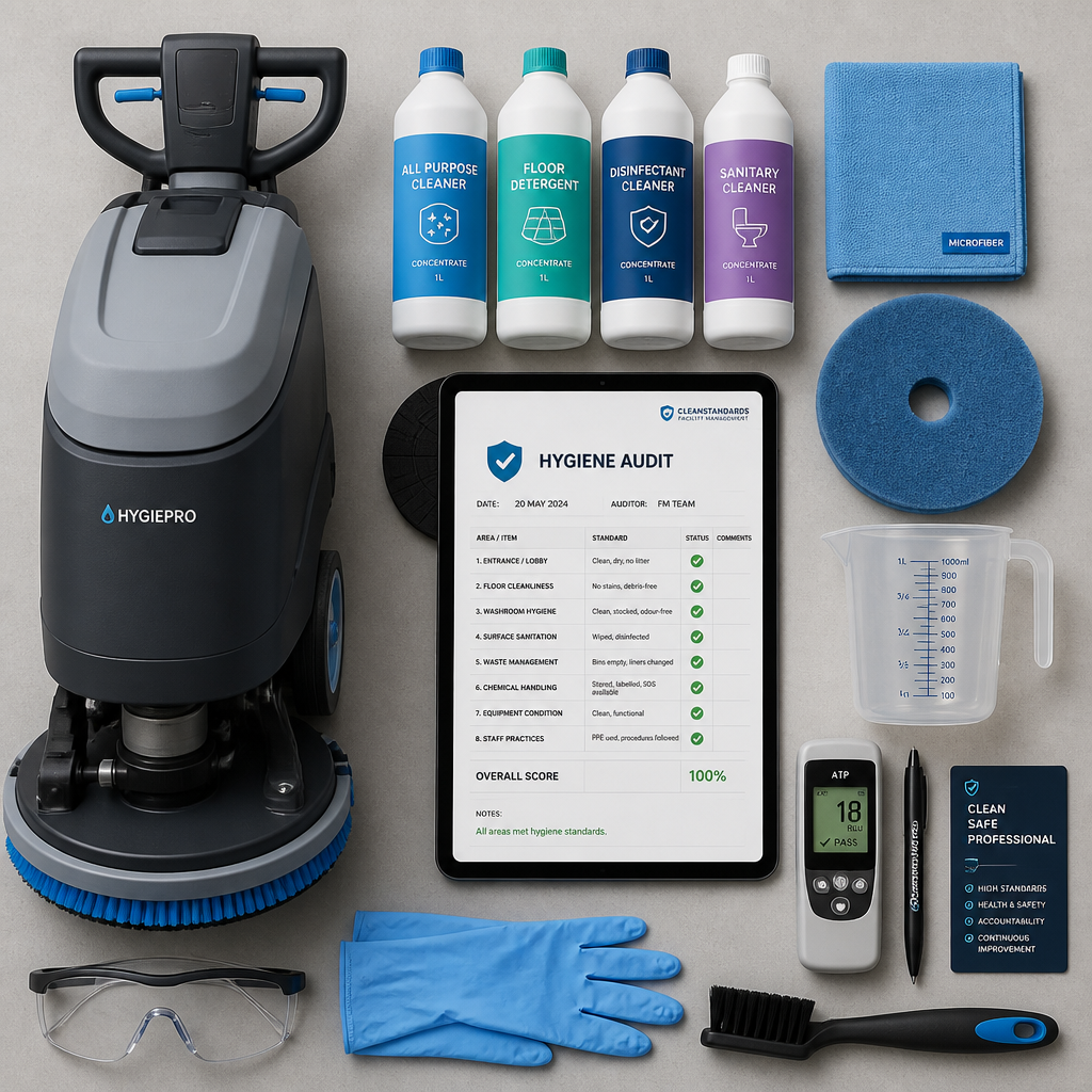 Professional floor cleaning equipment and hygiene documentation arranged in a minimalist workspace layout - Floor Scrubbing Machine vs. Mop in dandenong