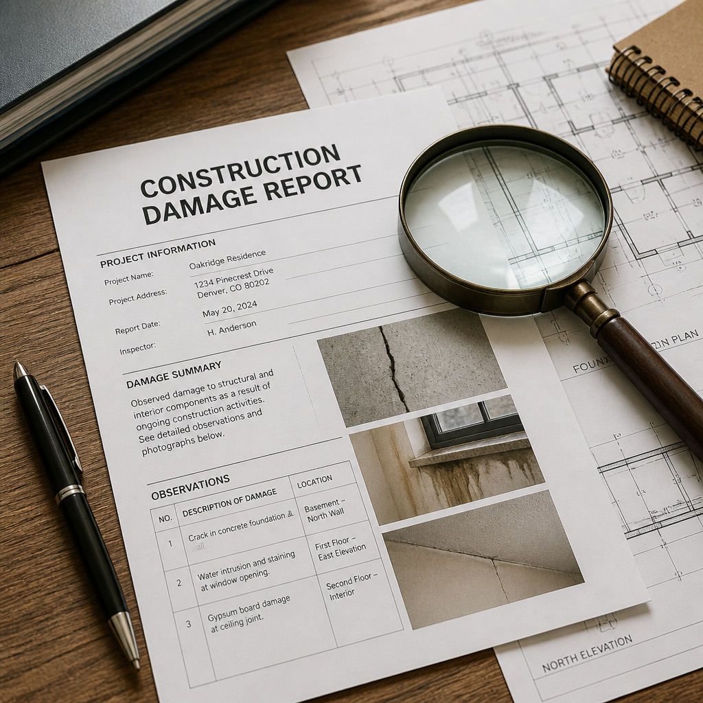 Bureau professionnel avec rapport d'expertise construction, loupe et documents architecturaux