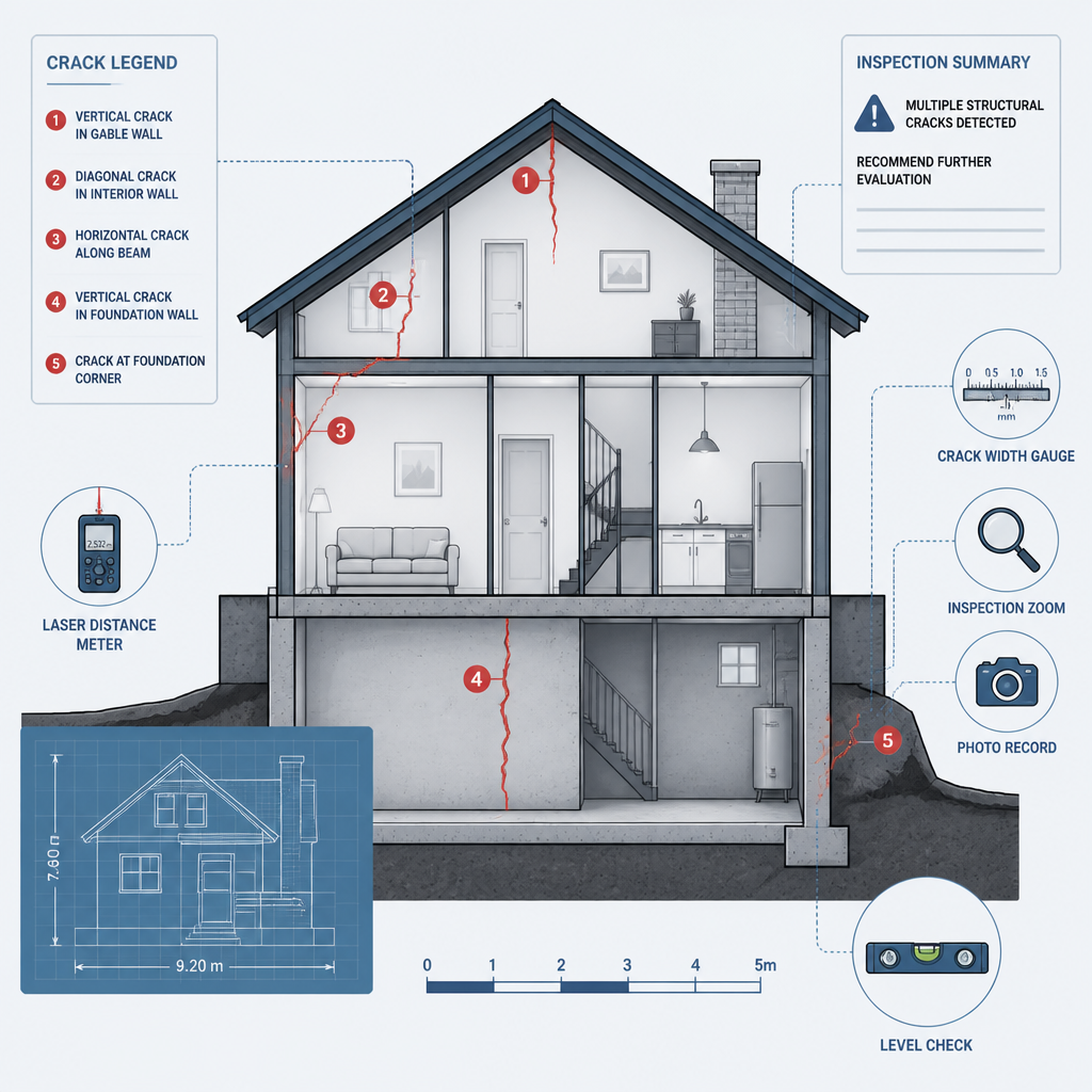 Illustration schématique d'une maison avec fissures structurelles et symboles d'inspection