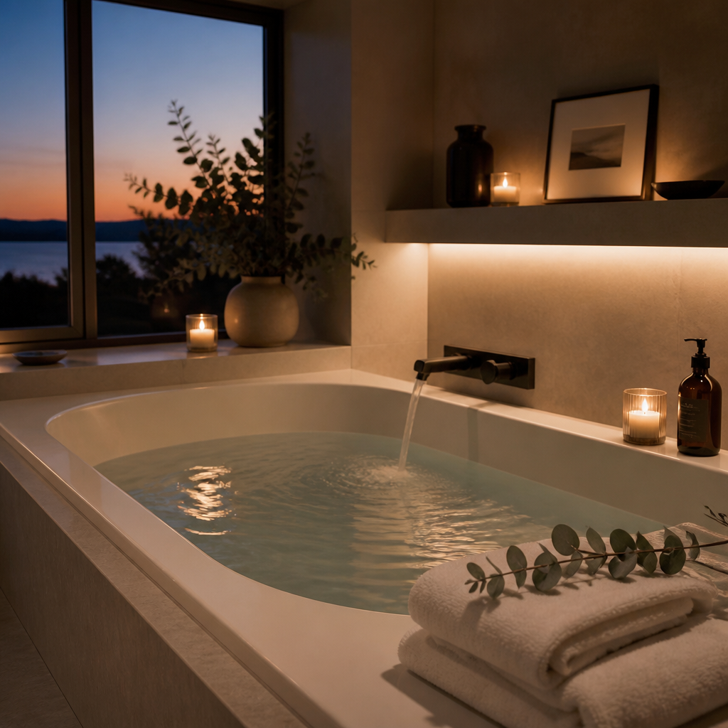 Tranquil bathroom scene with a prepared warm bath and spa elements