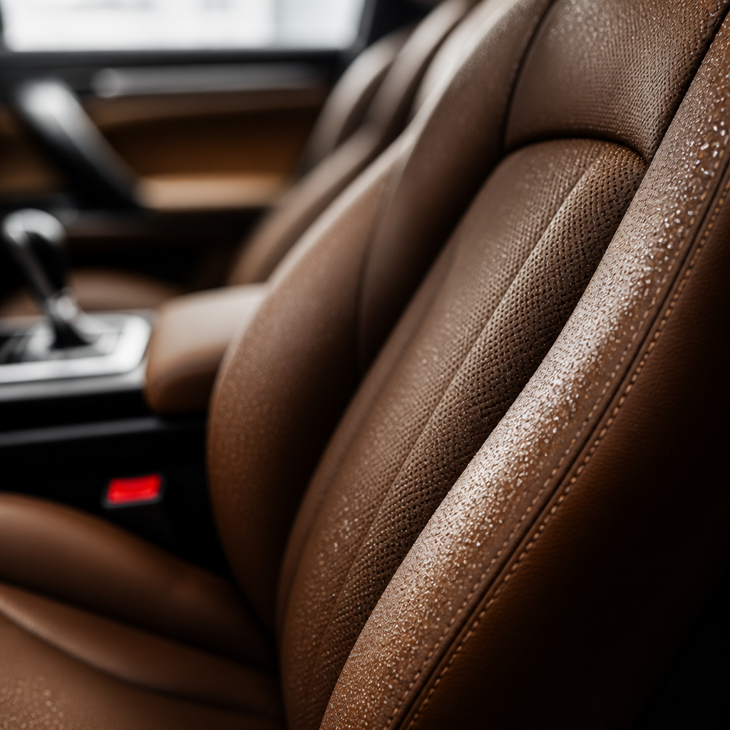 Close-up of conditioned leather car seat showing sheen and texture after professional detailing