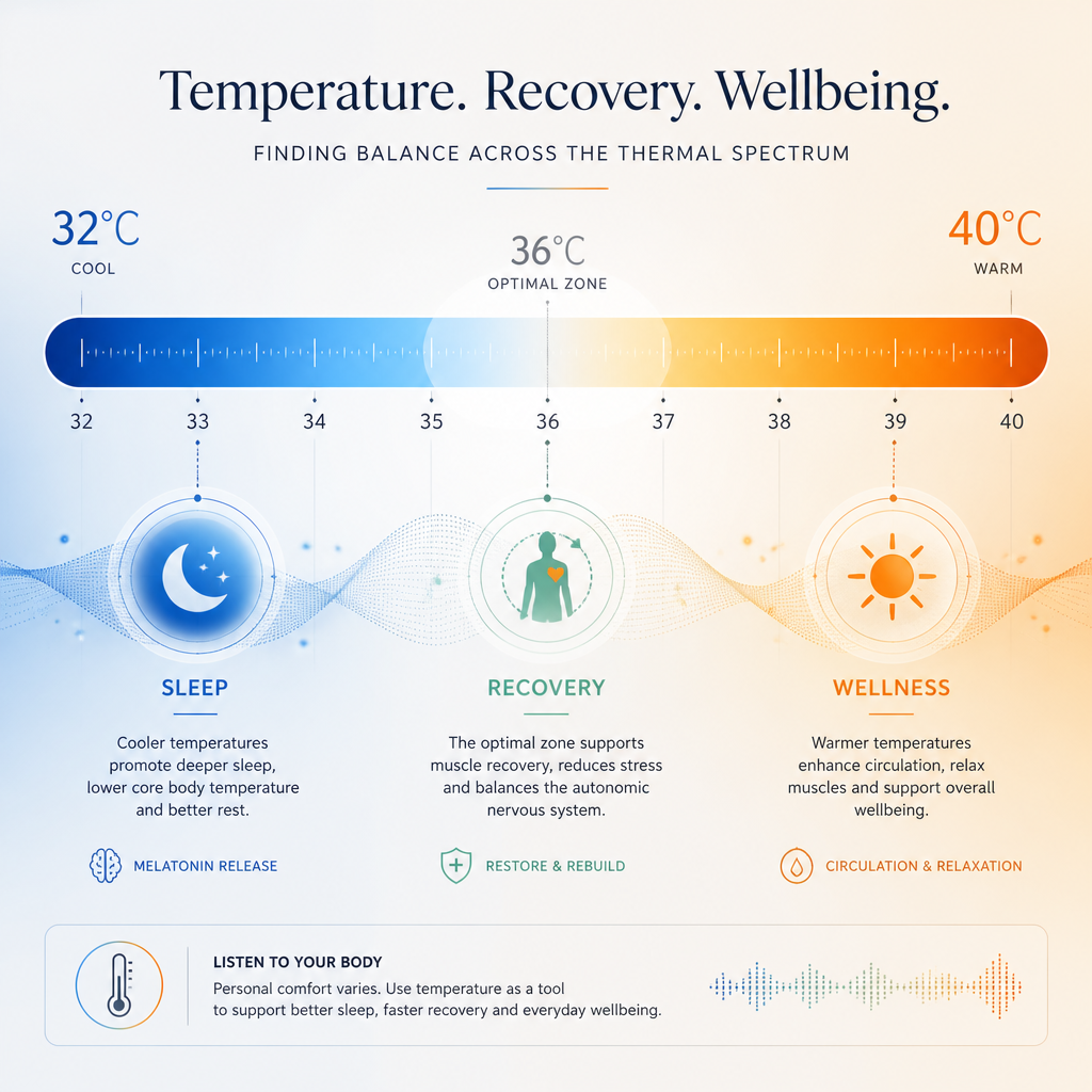 Temperature range chart displaying optimal bath water temperature zones for health benefits