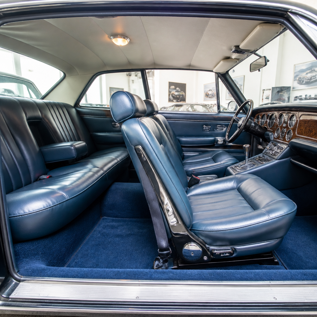 Complete interior car cabin view showing pristine seats, carpets, and surfaces after professional detailing