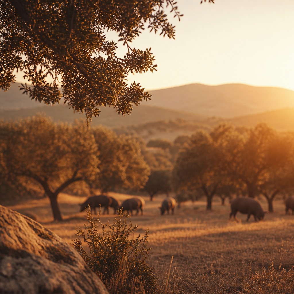 Paisaje de dehesa mediterránea con encinas durante la montanera, hábitat natural del cerdo ibérico
