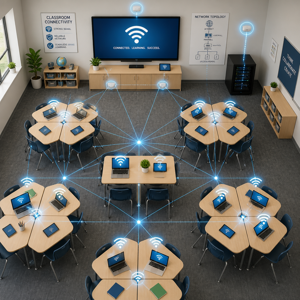Overhead view of a digital classroom setup with connected devices visualizing stable network infrastructure