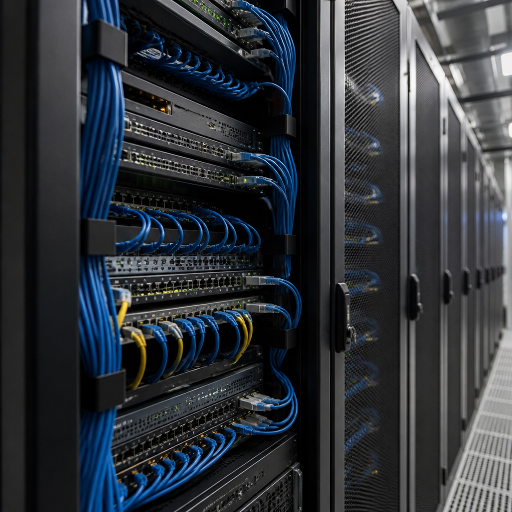 Close-up of organized network infrastructure and server equipment representing stable IT backbone systems