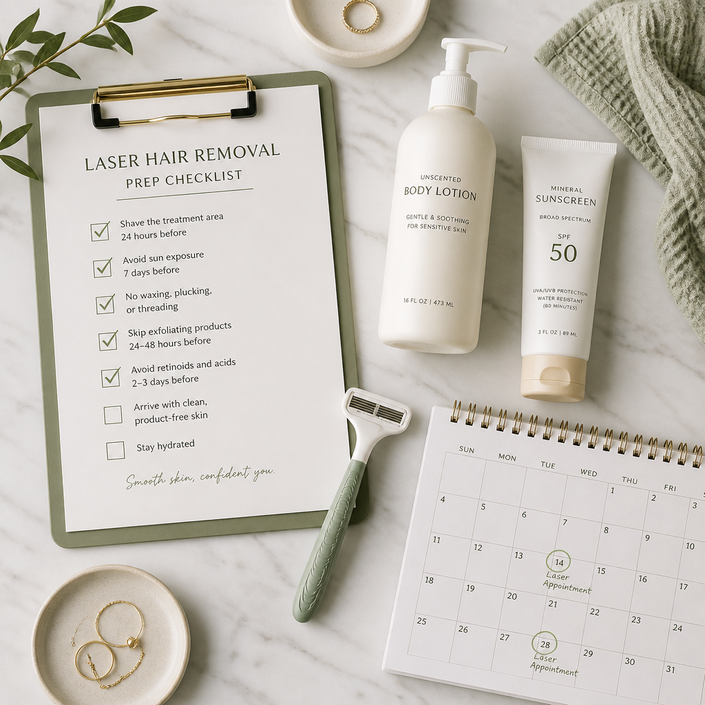 Laser hair removal preparation essentials and checklist arranged on marble surface