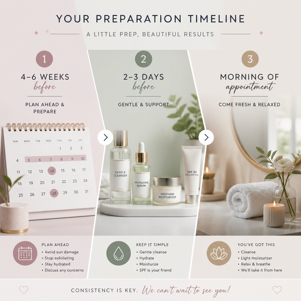 Timeline visualization of laser hair removal preparation stages from weeks before to appointment day