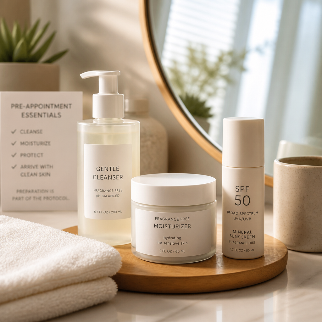 Skincare products and morning routine setup for laser hair removal appointment preparation
