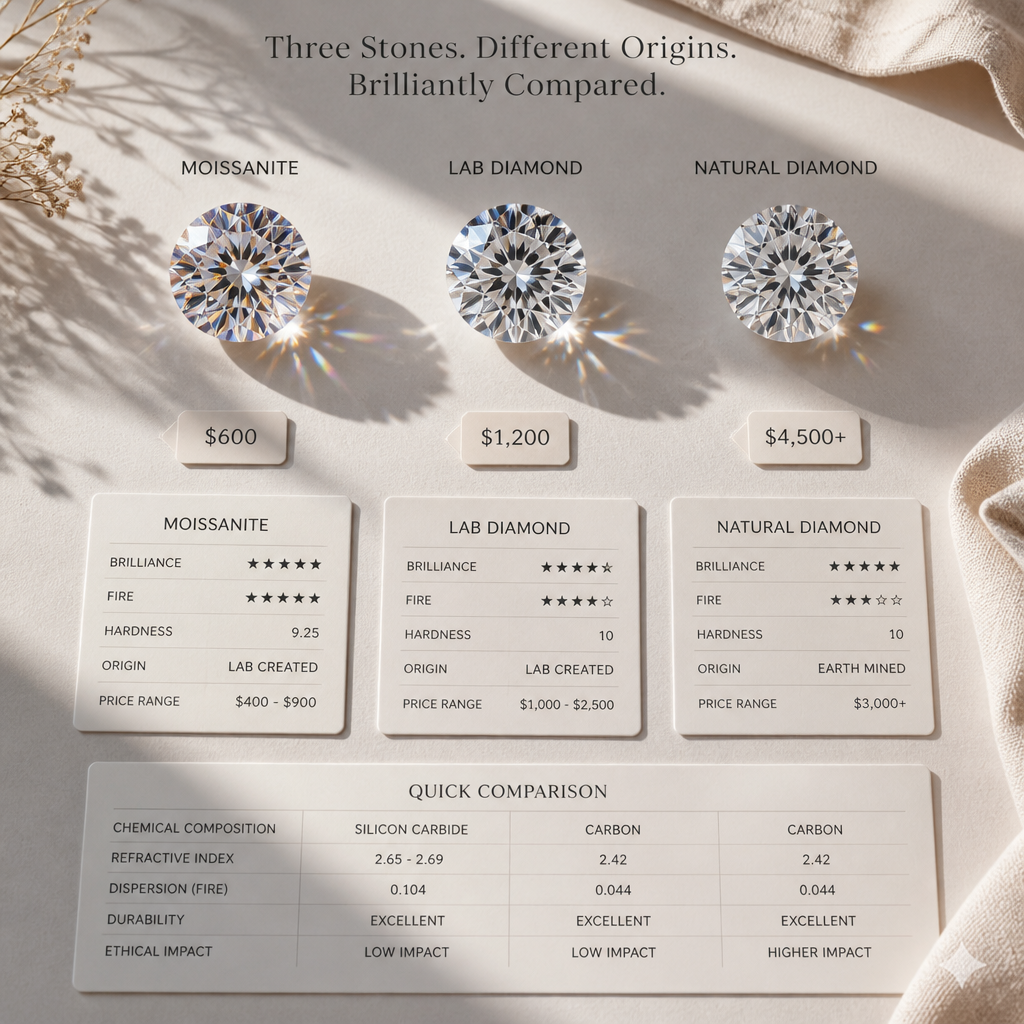 Three gemstones displayed side-by-side showing moissanite, lab diamond, and diamond sparkle comparison