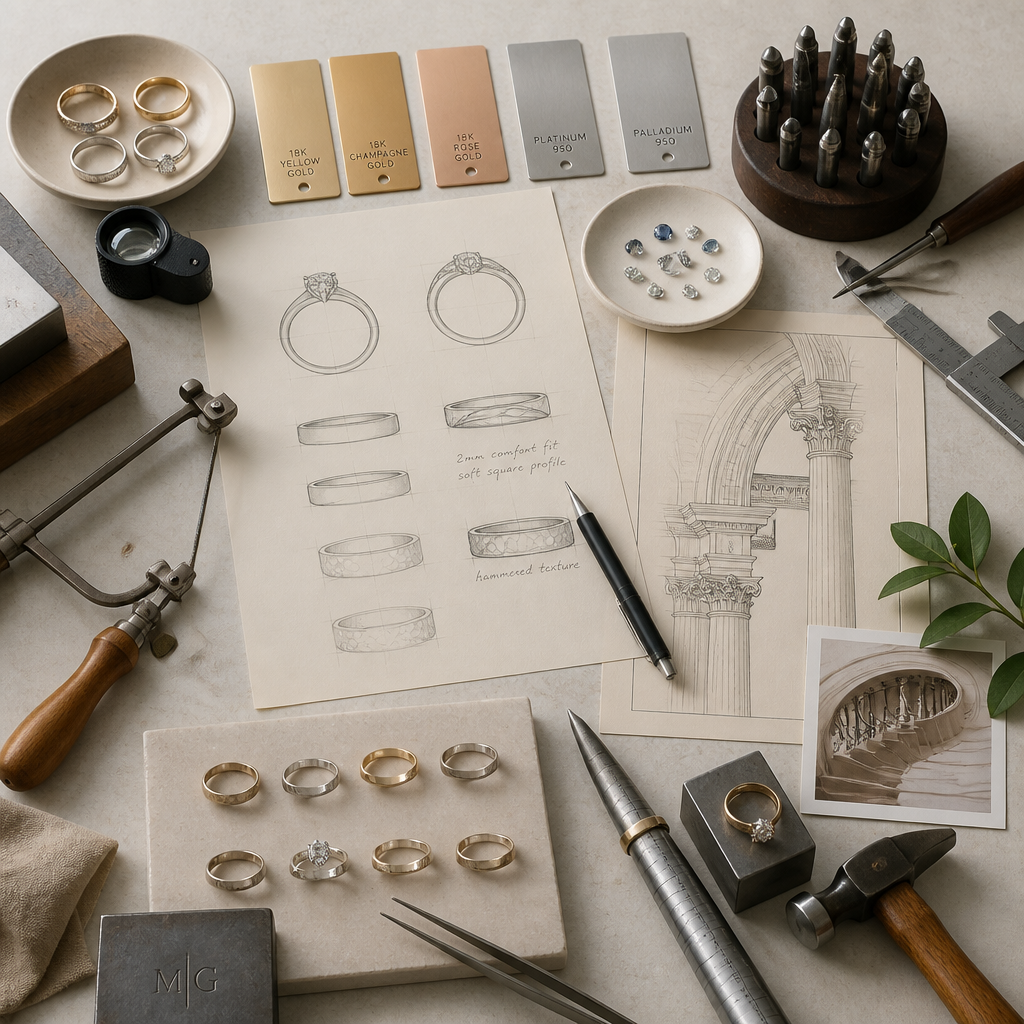 Jewelry designer's workbench with ring settings, metal samples, and design sketches