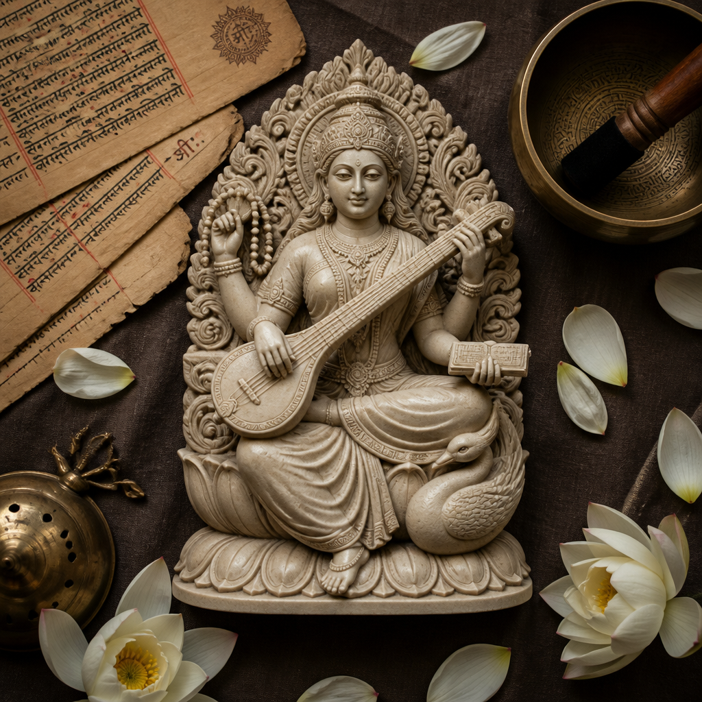 Overhead view of a carved Saraswati statue surrounded by cultural symbols including Sanskrit text and lotus petals