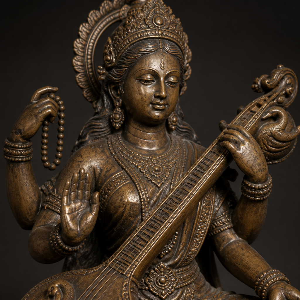 Close-up detail of a bronze Saraswati statue's hands and arms showing intricate symbolic gestures