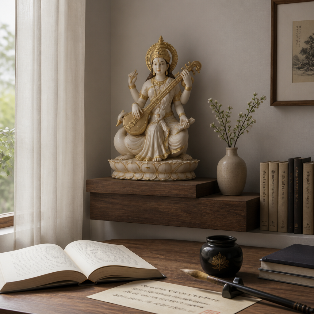 Saraswati statue displayed on a wooden shelf in a thoughtful study space with books and artistic objects